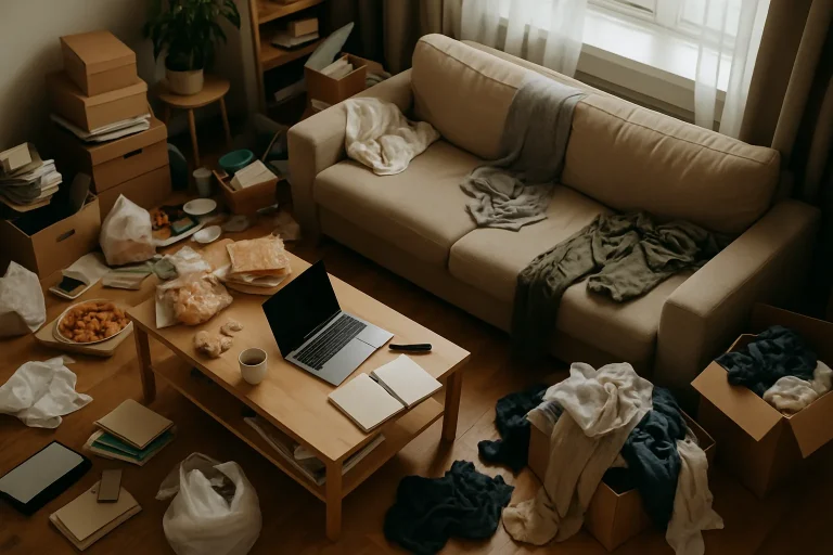 Appartement très encombré vu de dessus, illustrant le désordre typique du syndrome de Diogène.