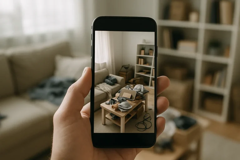 Main tenant un smartphone montrant des photos d'un intérieur encombré, lumière douce