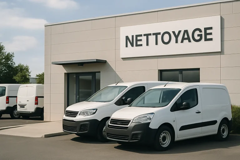 Vue extérieure d'une entreprise de nettoyage avec des véhicules de service garés devant l'entrée.