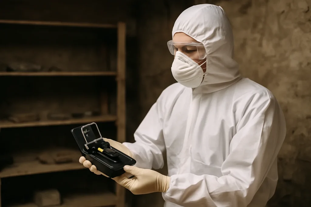 Un professionnel en combinaison de protection installe un piège à rats dans une cave.