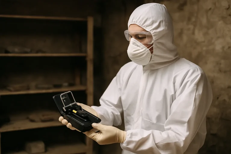 Un professionnel en combinaison de protection installe un piège à rats dans une cave.