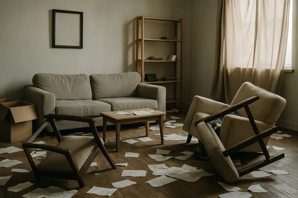 Salon en désordre avec meubles renversés et papiers éparpillés, lumière douce.