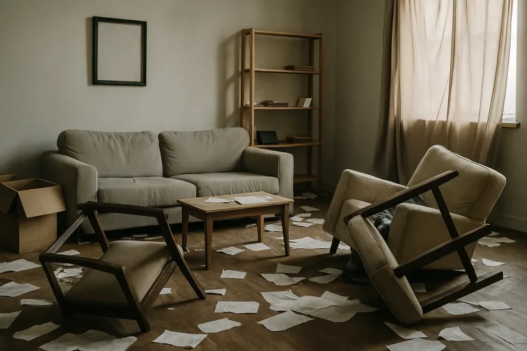 Salon en désordre avec meubles renversés et papiers éparpillés, lumière douce.