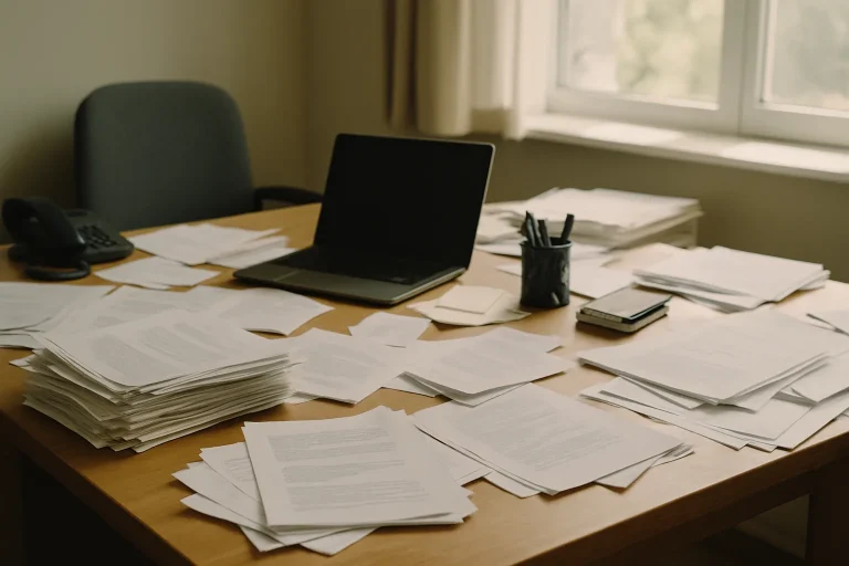 Bureau avec papiers éparpillés dans une maison insalubre, lumière douce.