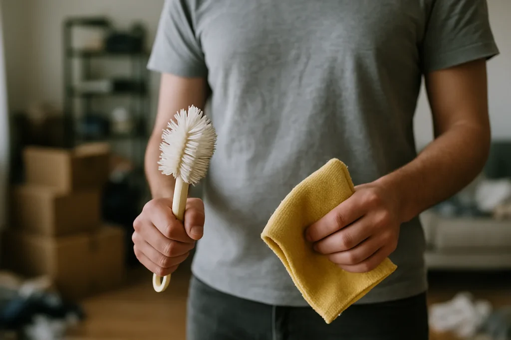 Mains tenant des outils de nettoyage devant un intérieur encombré.