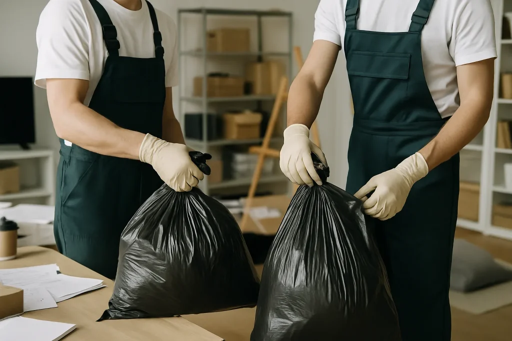 Des professionnels du nettoyage triant des déchets dans un studio encombré, sacs poubelle visibles.