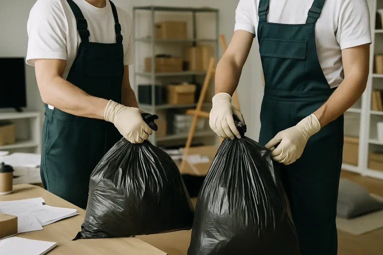 Des professionnels du nettoyage triant des déchets dans un studio encombré, sacs poubelle visibles.