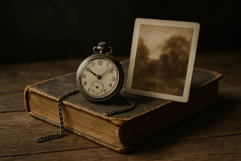 Table avec livre usé, montre à gousset, photo sépia, éclairage doux.