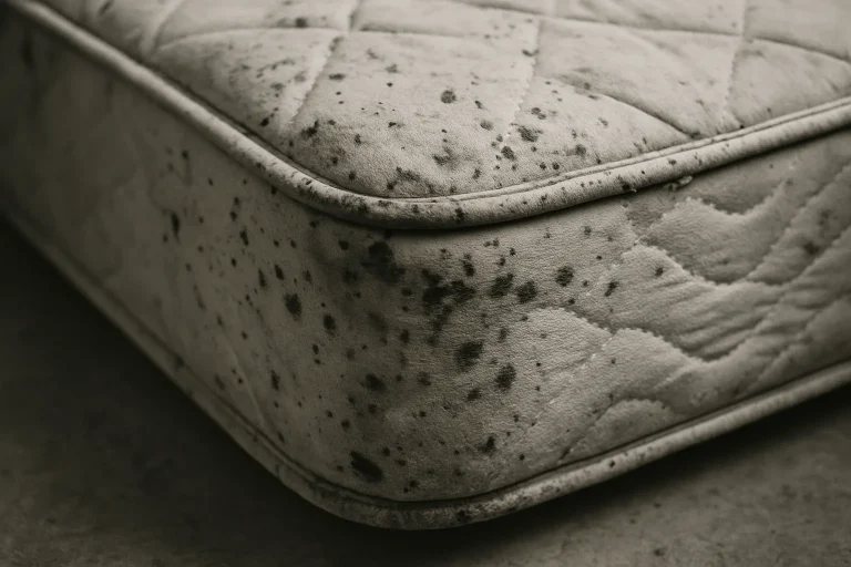 Gros plan d'un matelas usé montrant des traces de punaises de lit, en noir et blanc.
