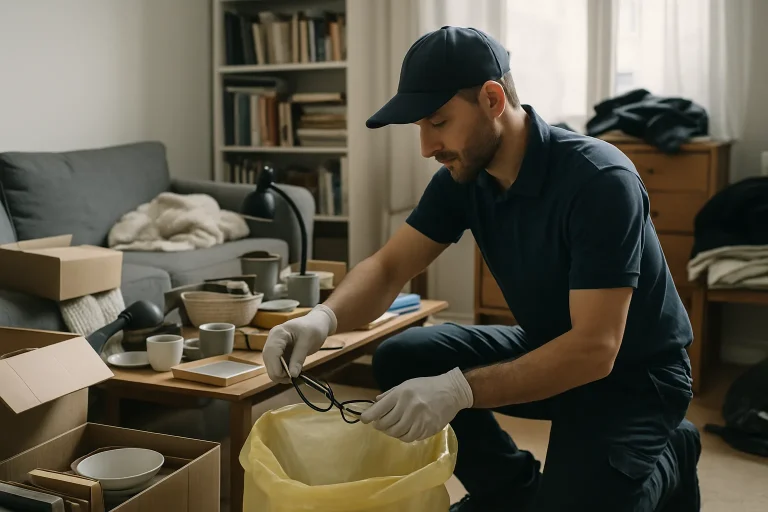 Un professionnel triant des objets dans un appartement encombré, illustrant une intervention spécialisée.
