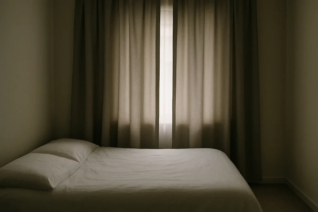 Chambre avec rideaux entrouverts, lumière douce, sol propre, ambiance calme
