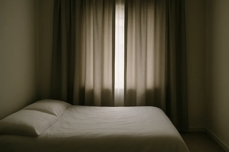 Chambre avec rideaux entrouverts, lumière douce, sol propre, ambiance calme