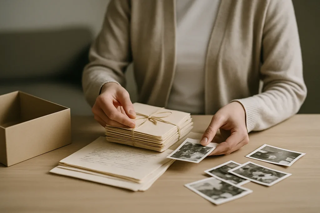 Des mains trient soigneusement des lettres et photos sentimentales lors d'un nettoyage Diogène.