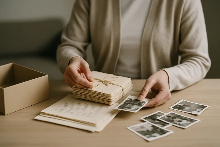 Des mains trient soigneusement des lettres et photos sentimentales lors d'un nettoyage Diogène.