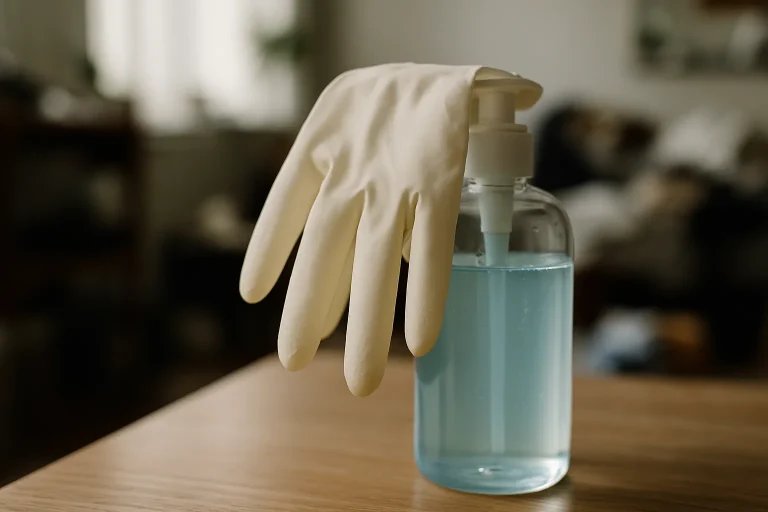 Gants en caoutchouc et flacon de désinfectant sur fond flou de désordre.