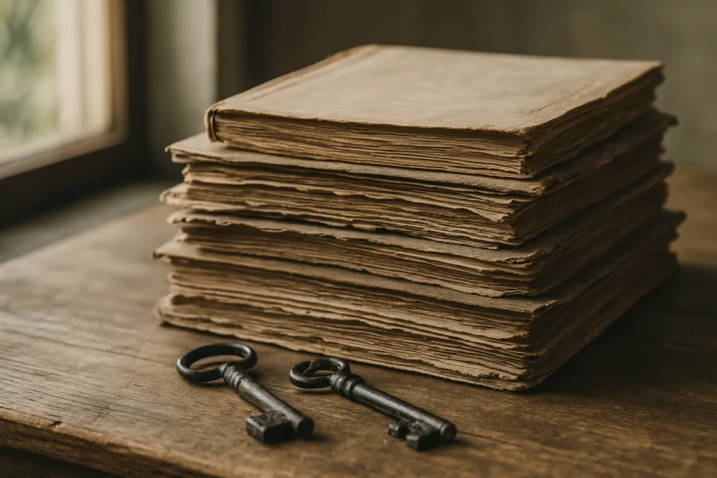 Gros plan sur documents anciens et clés sur une table en bois, lumière naturelle.