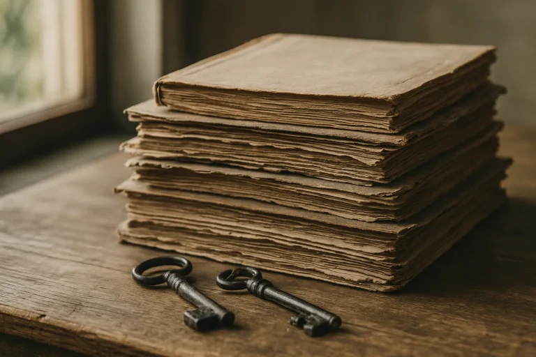 Gros plan sur documents anciens et clés sur une table en bois, lumière naturelle.