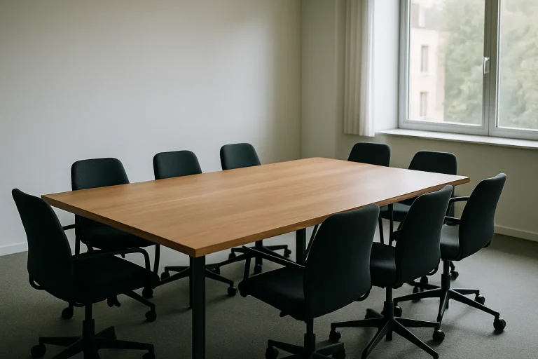 Salle de réunion vide avec chaises autour d'une table en bois, lumière douce.