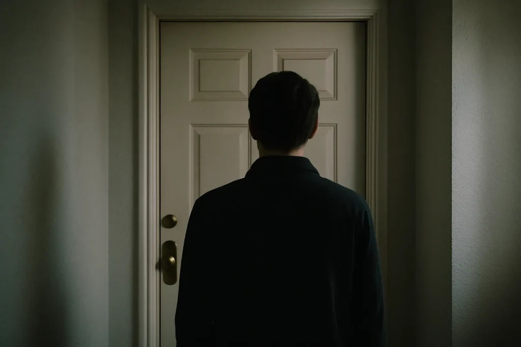Silhouette de dos devant une porte fermée d'un appartement, lumière douce.