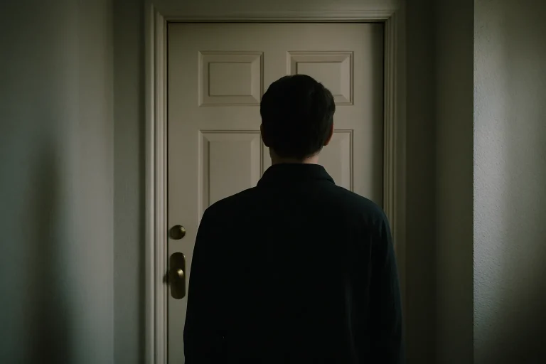 Silhouette de dos devant une porte fermée d'un appartement, lumière douce.