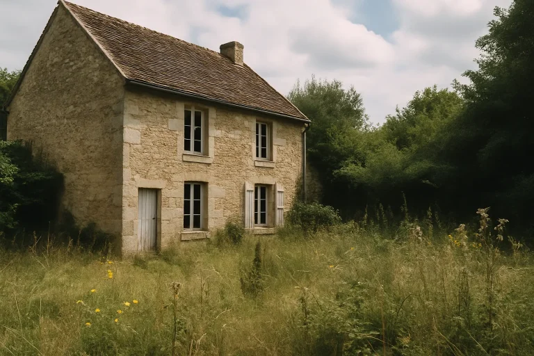 Maison ancienne avec un jardin négligé, sous un ciel partiellement nuageux.