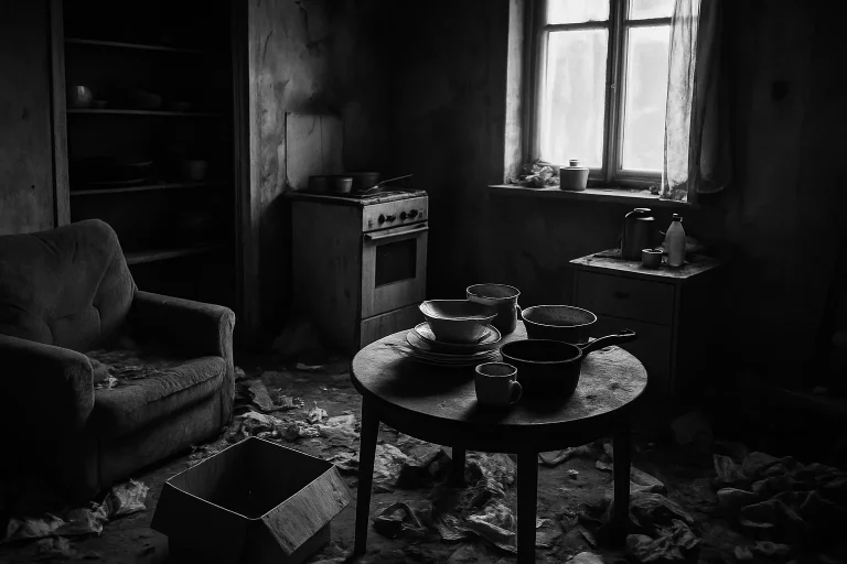 Appartement insalubre avec objets éparpillés et poussière visible, éclairage contrasté.