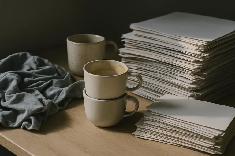 Une table encombrée avec des papiers, tasses et vêtements, lumière latérale.