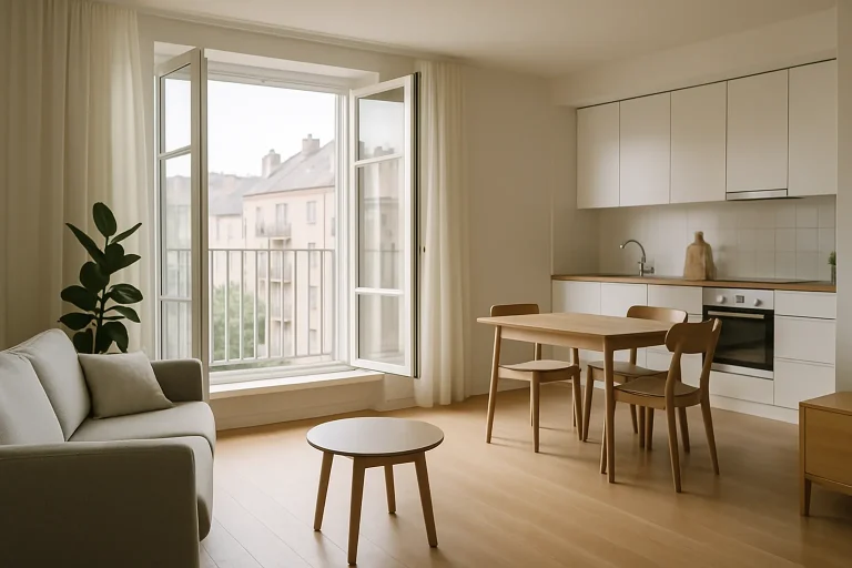 Appartement moderne avec fenêtres ouvertes, espace lumineux et propre.