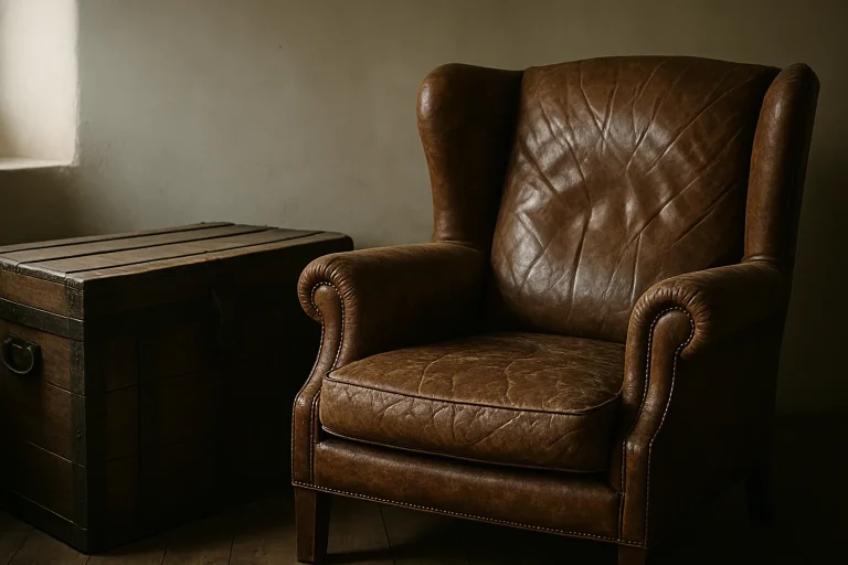 Vieux fauteuil en cuir et malle en bois dans une ambiance nostalgique.