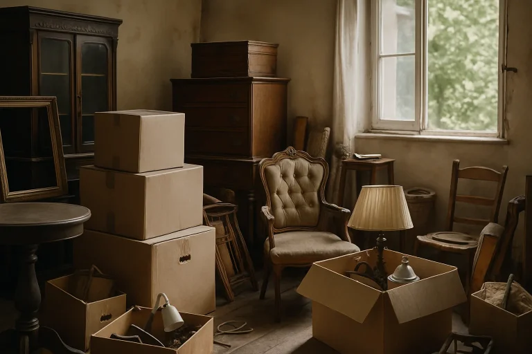 Une pièce encombrée de meubles anciens et cartons sous éclairage naturel.