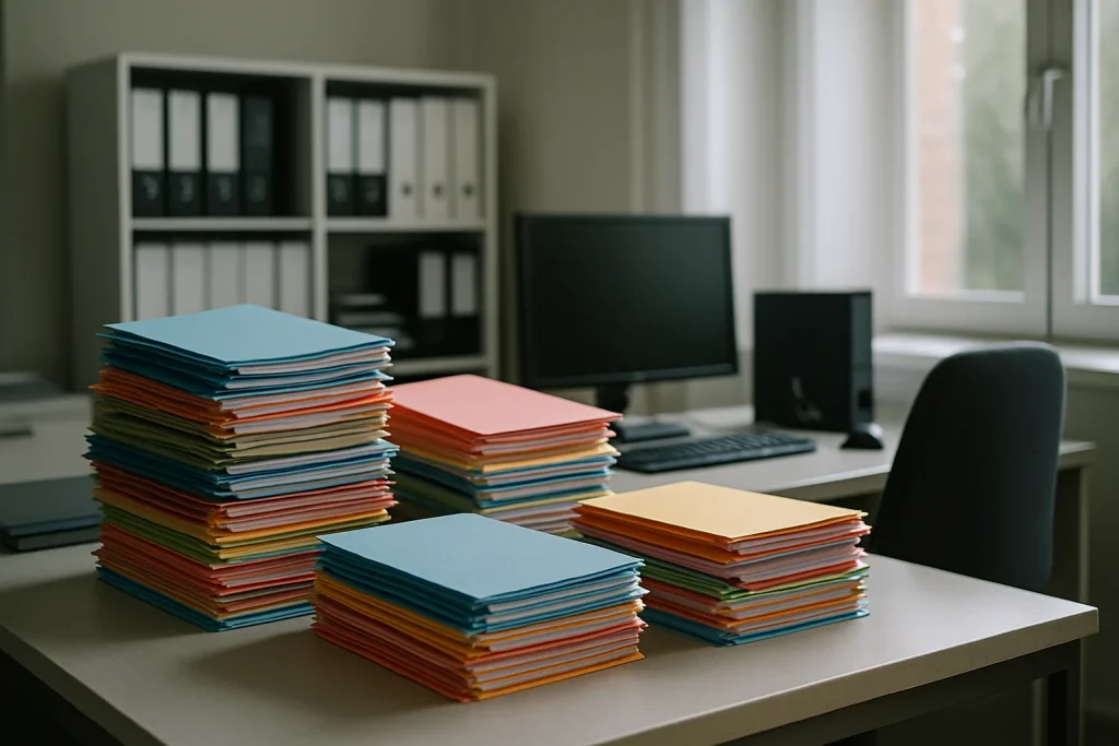 Bureau avec dossiers empilés pour nettoyage de succession.