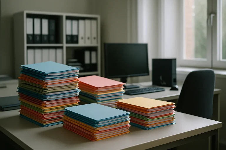 Bureau avec dossiers empilés pour nettoyage de succession.