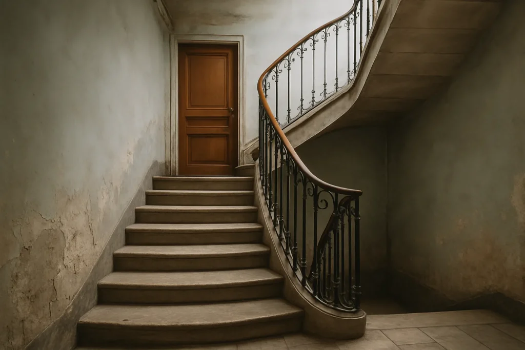 Escalier ancien dans un immeuble, murs usés, porte fermée à l'étage