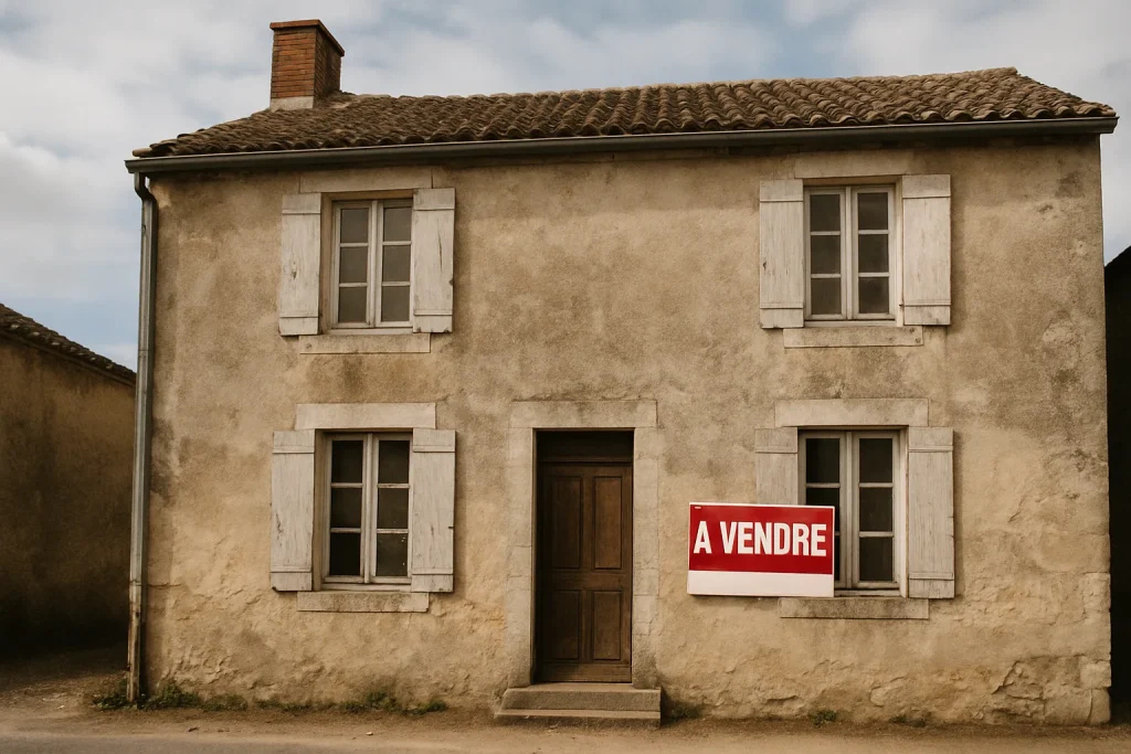 Façade d'une maison ancienne avec un panneau 'À vendre', ciel nuageux