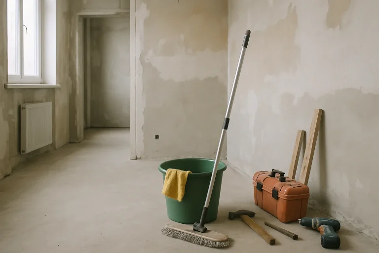 Intérieur d'une maison en cours de réhabilitation avec outils et matériaux de construction.