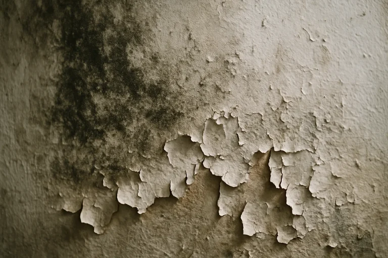 Murs moisis et peinture écaillée, montrant des dégâts d'humidité dans un logement.