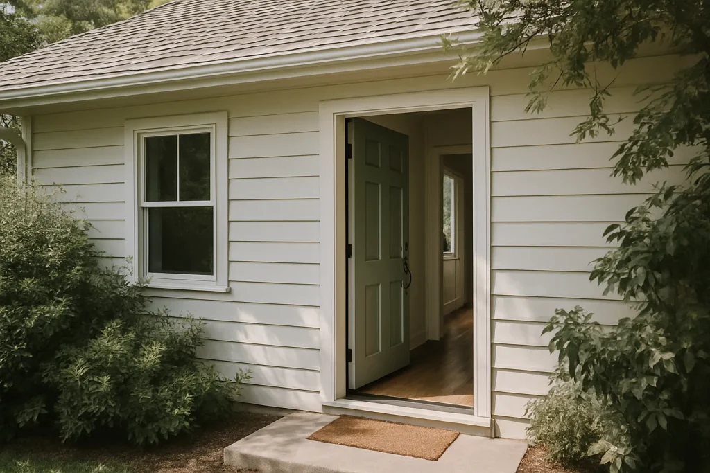 Façade d'une maison avec porte ouverte, végétation environnante