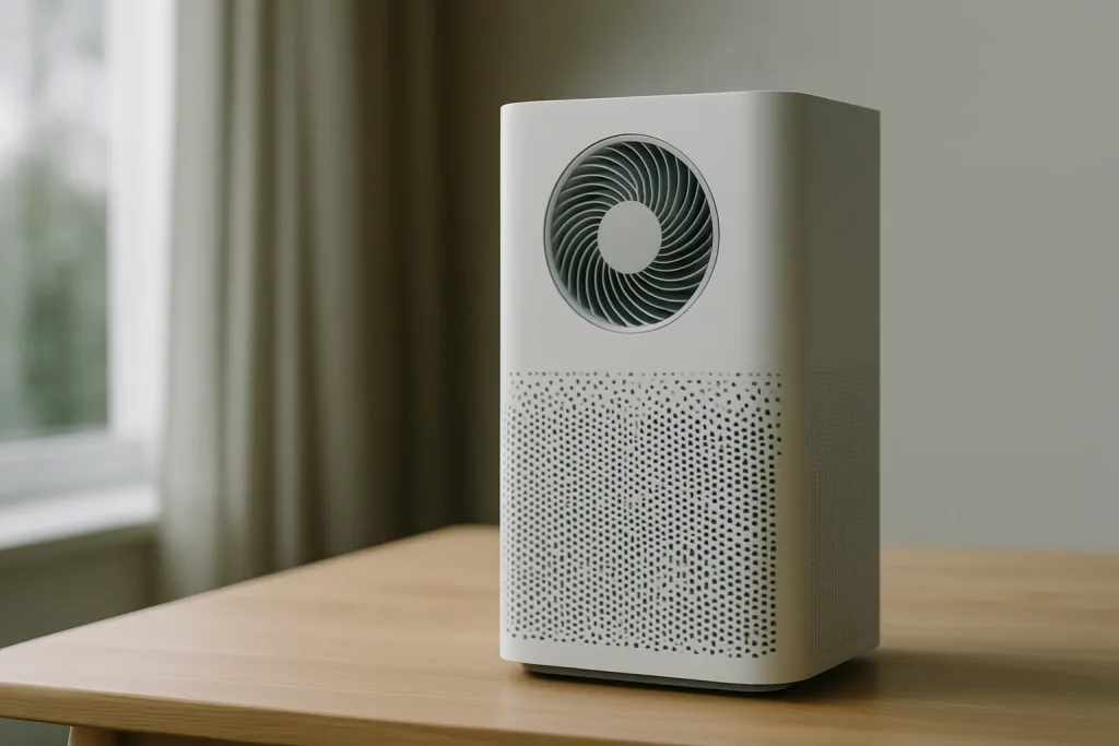 Purificateur d'air moderne sur une table en bois, lumière naturelle douce