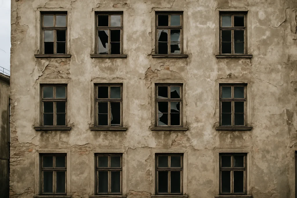 Façade décrépite d'un immeuble avec fenêtres cassées et murs abîmés.