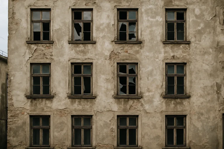 Façade décrépite d'un immeuble avec fenêtres cassées et murs abîmés.