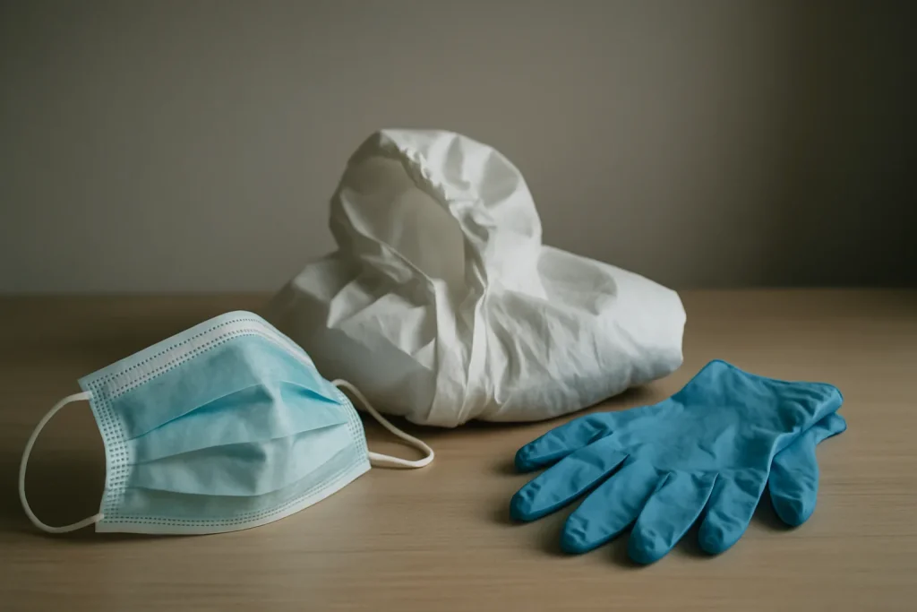 Masque, combinaison et gants sur une table, éclairage doux