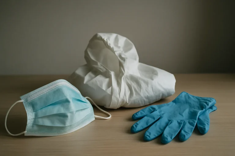 Masque, combinaison et gants sur une table, éclairage doux