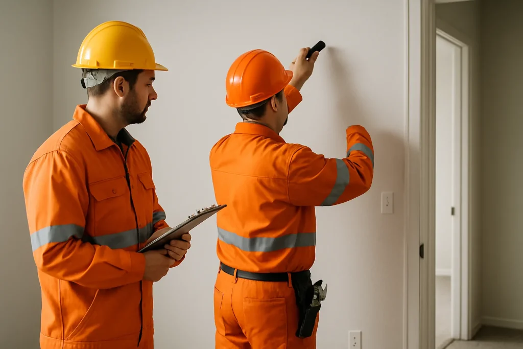 Des agents municipaux en tenue de travail inspectent un logement intérieur.