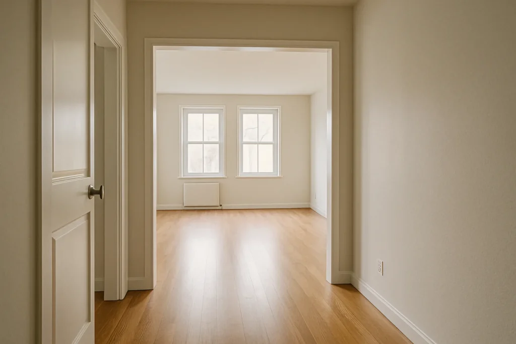 Appartement rénové, murs peints, lumière douce, vue depuis l'entrée.