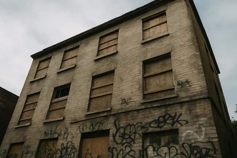 Bâtiment résidentiel avec fenêtres barricadées et graffitis, angle en contre-plongée.
