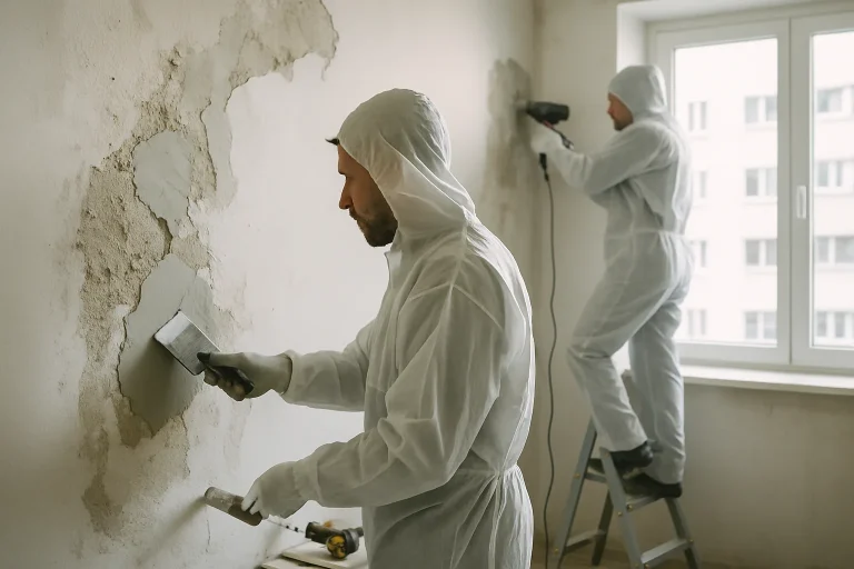 Travailleurs en combinaison réparant un mur dans un appartement insalubre.