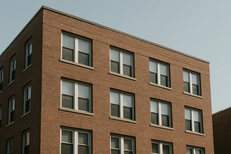 Façade d'un immeuble en briques sous un ciel dégagé, prête pour une nouvelle location.