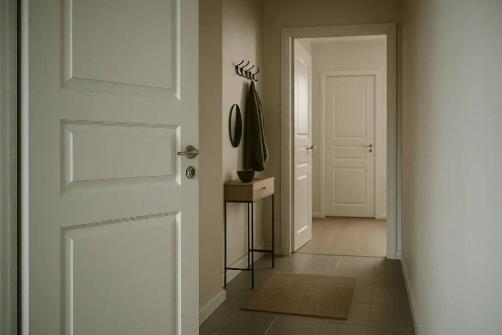 Vue d'une entrée d'appartement moderne avec porte entrouverte et lumière douce.