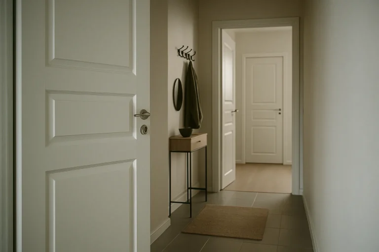 Vue d'une entrée d'appartement moderne avec porte entrouverte et lumière douce.