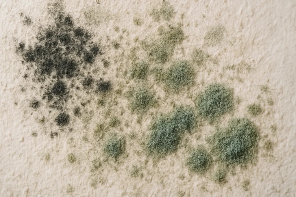 Gros plan de moisissures noires et vertes sur une surface murale, éclairage naturel.